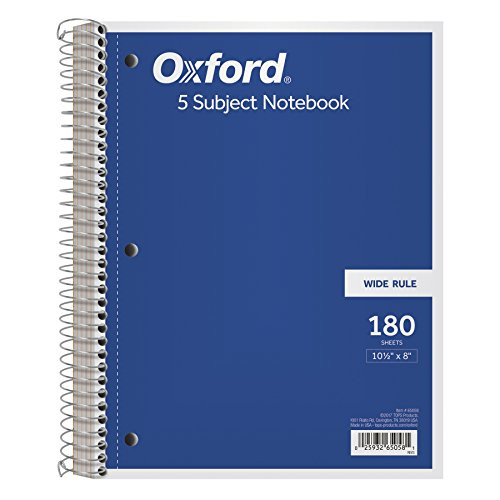 Oxford 5-Subject Notebook, 8" x 10-1/2", Wide Rule, 180 Sheets, 4 Dividers (65058)