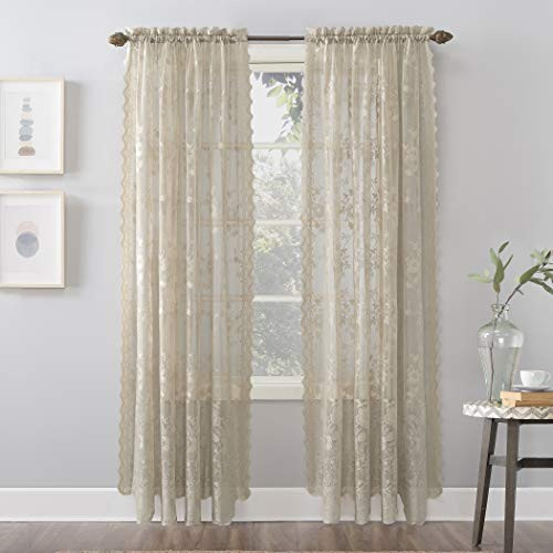 No. 918 Alison Floral Lace Sheer Rod Pocket Curtain Panel, 58" x 84", Stone