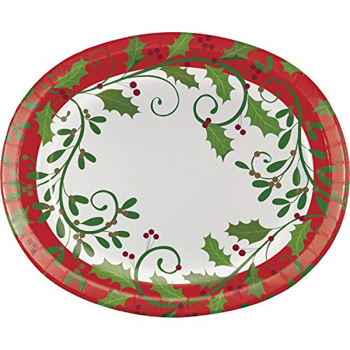 Creative Converting Holiday Holly Oval Plates, 10" x 12", Multi-color