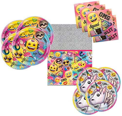 Emoji Party Tableware Supplies Pack for 16 Guests - Includes 16 Dinner Plates, 16 Dessert Plates, 16 Dinner Napkins, and 1 Tablecover, Bundle