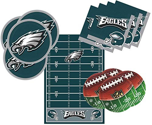 Philadelphia Eagles Party Pack Tableware Supplies for 16 Guests - Includes 16 Dinner Plates, 16 Dessert Plates, 16 Dinner Napkins, and 1 Tablecover, B