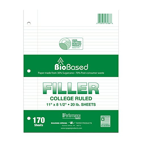 Roaring Spring BioBased College Ruled Recycled Loose Leaf Filler Paper, USDA Certified, 11" x 8.5" 170 Sheets, White Paper