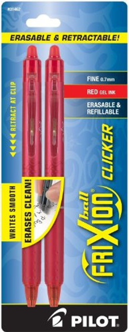 PILOT FriXion Clicker Erasable, Refillable & Retractable Gel Ink Pens, Fine Point, Red Ink, 2-Pack (31462)