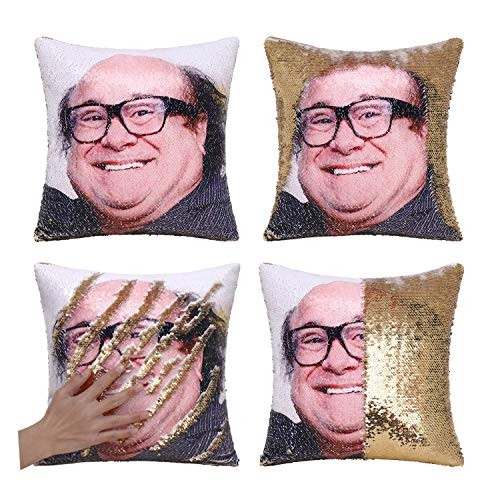 Danny Devito Sequin Pillow Case Mermaid Pillow Cover Funny Reversible Magic Throw Pillow Case That Color Changes 16x16 Inches (Gold)