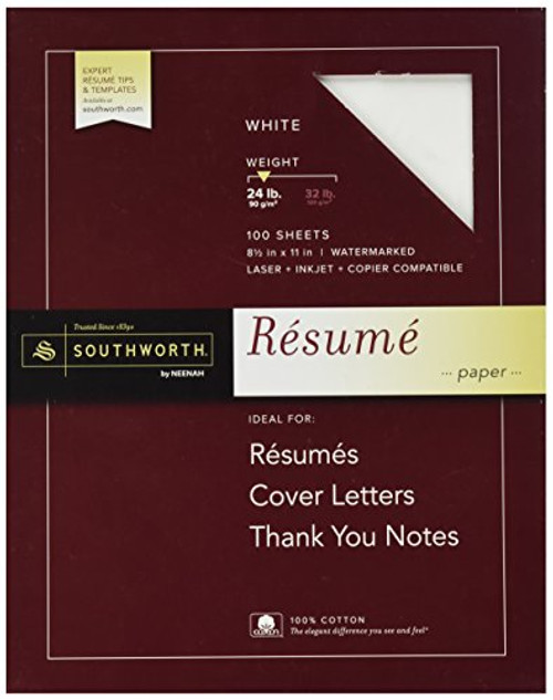Southworth 100% Cotton Resume Paper, White, 24 lbs, Wove, 8-1/2 x 11, 100/Box Southworth 100% Cotton Resume Paper, White, 24 lbs, Wove, 8-1/2 x 11, 100/Box