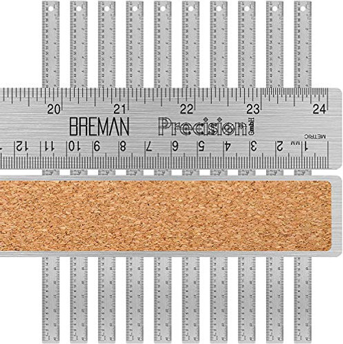 Breman Precision Stainless Steel 24 Inch Metal Rulers 10 Pack - Straight Edge Rulers with Inch and Metric Graduations for School Office Engineering Wo