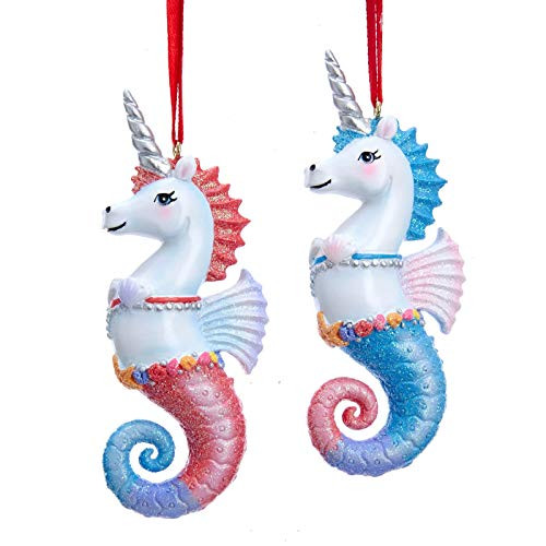 Kurt Adler Unicorn Seahorses Christmas Holiday Ornaments Set of 2 Pink and Blue