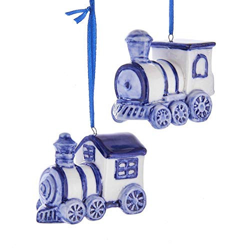 Kurt Adler Train Delft Blue and White 3 inch Porcelain Ceramic Christmas Ornaments Set of 2