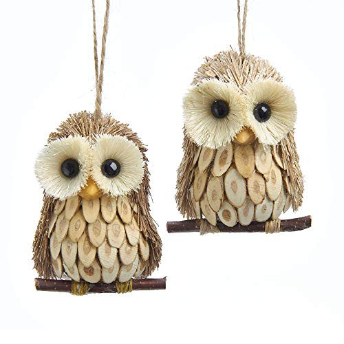 Kurt Adler C7852 4" Wood and Sisal Owl Ornaments 2 Assorted Pack