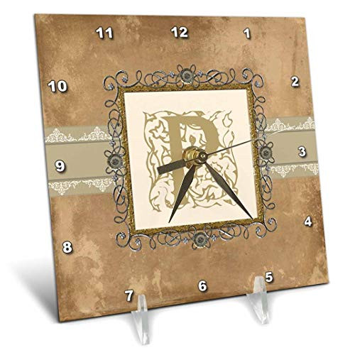 3dRose P Initial Vintage Elegant Vines and Flowers in Sepia and Pewter Look - Desk Clock, 6 by 6-Inch (dc_186362_1)