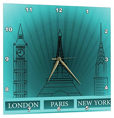 3dRose London, Paris, and New York Historical Structures in Turquoise - Wall Clock, 13 by 13-Inch (DPP_101395_2)
