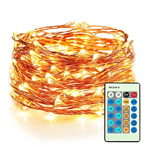 Moobibear Waterproof Fairy String Lights Plug in with 24 Keys Remote, 33ft 100LEDs Warm White Dimmable Starry Copper Wire Light for Indoor & Outdoor,