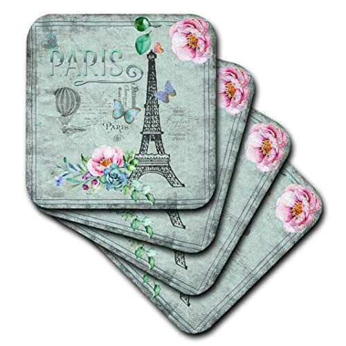 3D Rose Paris France Eiffel-Tower Shabby Floral Text Illustration Vintage Ceramic Tile Coasters, Multicolor