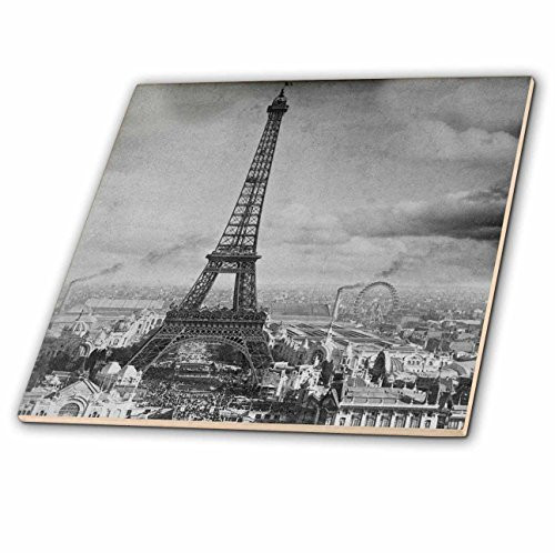 3dRose ct_6793_6 Eiffel Tower Paris France 1889-Black and White-Glass Tile, 6-Inch