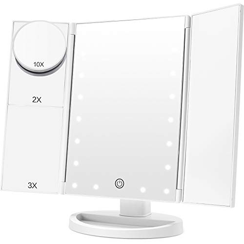 FASCINATE Trifold Vanity Mirror with Lights, Lighted up Makeup Mirror 2X/3X/10X Magnification, 21 LED Touch Screen Dimming, Dual Power Supply, 180 Rot