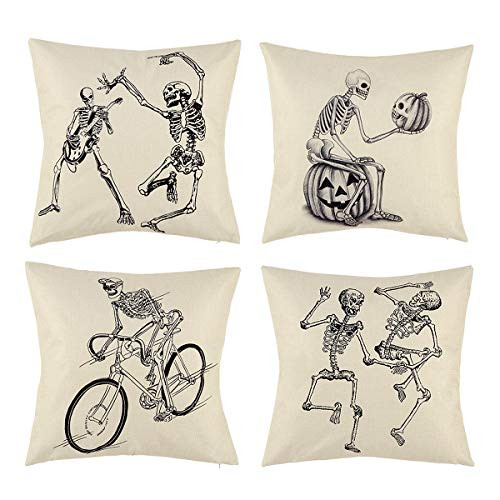 peony man Halloween Skull Pillow Covers, Skull and Pumpkin Throw Pillowcase Skeleton Cotton Linen Pillow Cushion Cover for Halloween Home Car Sofa Bed