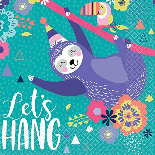 Amscan 512474 Sloth, Teal and Purple Party Lunch Napkins | Party Supply | 16 ct.