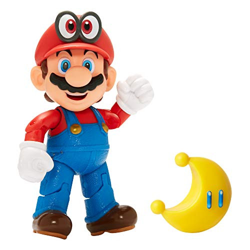 SUPER MARIO Nintendo Collectible Mario Wearing Cappy 4" Poseable Articulated Action Figure with Yellow Power Moon Accessory, Perfect for Kids & Collec