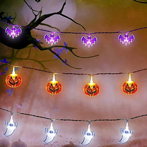 3 Pack Halloween String Lights, 10Ft 20 LED Halloween Decoration Lights (Orange Pumpkins, Purple Bats, White Ghosts), 8 Lighting Modes, Battery Powere 3 Pack Halloween String Lights, 10Ft 20 LED Halloween Decoration Lights (Orange Pumpkins, Purple Bats, White Ghosts), 8 Lighting Modes, Battery Powere