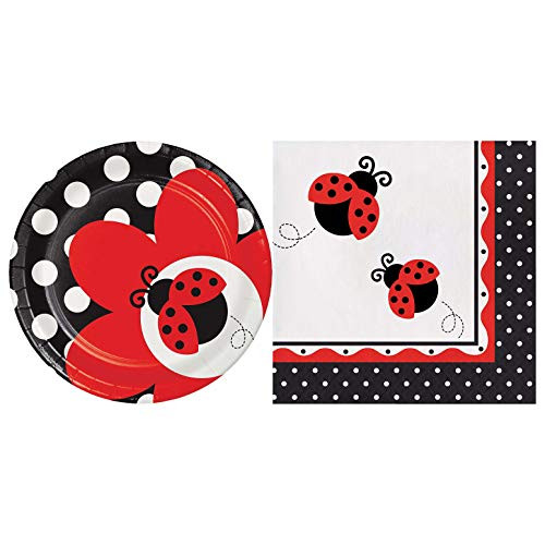Ladybug Fancy Dessert Plates and Lunch Napkins for 16 Guests