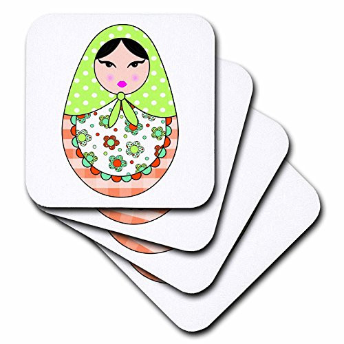 3dRose CST_58635_3 Cute Russian Matryoshka Nesting Doll Black Hair Warm Colors White Ceramic Tile Coasters, Set of 4
