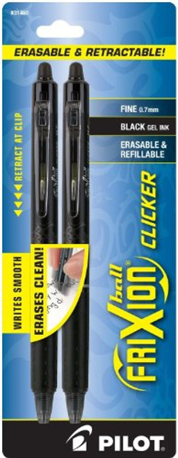 PILOT FriXion Clicker Erasable, Refillable & Retractable Gel Ink Pens, Fine Point, Black Ink, 2-Pack (31460)