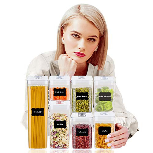 GEBER Airtight Food Storage Containers 7 Pieces Sets, BPA Free Plastic Clear Cereal Containers with Easy Lock Lids, for Kitchen Pantry Organization an