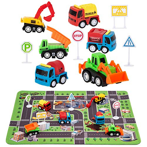 Construction Toys with Play Mat, Engineering Vehicles Set Include 6 Construction Trucks, 4 Road Signs, 14" x 18" Playmat, Pull Back Car Toys, Toys for