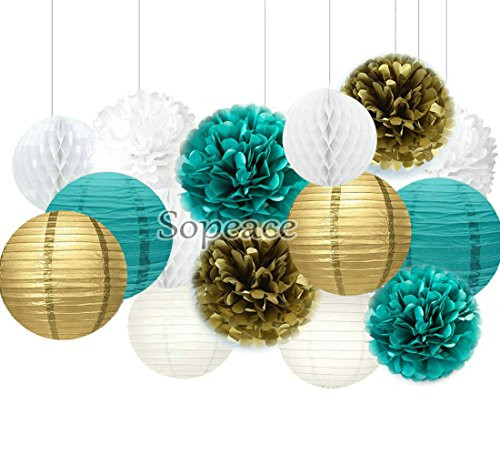 Sopeace 15 pcs White Teal Blue Gold 10inch 8inch Tissue Paper Pom Pom Paper Lanterns Mixed Package for Teal Themed Party Wedding, Bridal Shower Decor