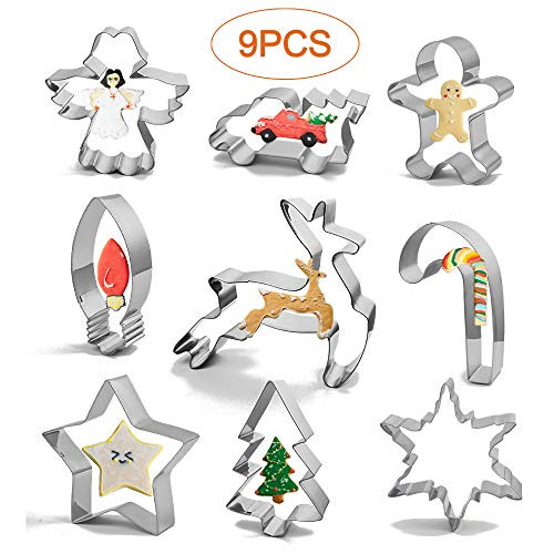 Christmas Cookie cutter Holiday Cookie cutter Set 9 Piece Christmas Tree, Gingerbread Man, snowflake, Angel, Reindeer and more for Biscuit, Fondant, B