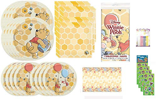 Unique Winnie The Pooh Party Bundle for 16 includes Dessert and Lunch Plates, Napkins, Table Cover, Candles, Stickers