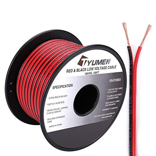 TYUMEN 100FT 18 Gauge 2pin 2 Color Red Black Cable Hookup Electrical Wire LED Strips Extension Wire 12V/24V DC Cable, 18AWG Flexible Wire Extension Co