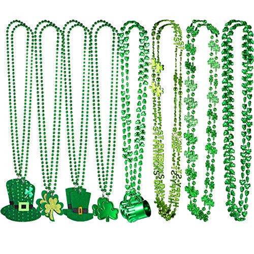 Chuangdi 16 Pieces St Patrick's Day Necklaces Clover Shamrock Green Party Hat Beaded Pendant Necklace in 8 Styles for Party Costume Accessory
