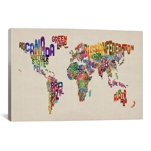 iCanvasART Typographic Text World Map VIII Canvas Art Print by Michael Thompsett, 18 by 12-Inch
