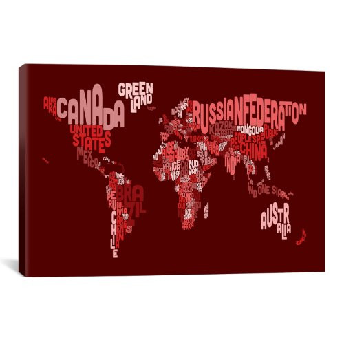 iCanvasART Typographic Text World Map III 'Red' Canvas Art Print by Michael Thompsett, 18 by 12-Inch