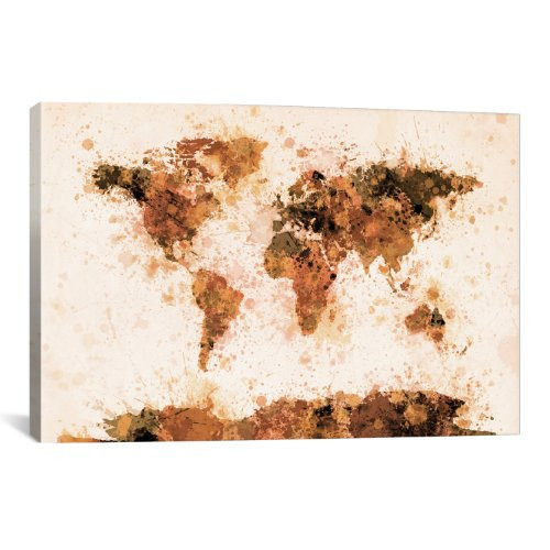 iCanvasART 12819 Bronze Paint Splash World Map Canvas Print, 12" x 0.75" x 18"