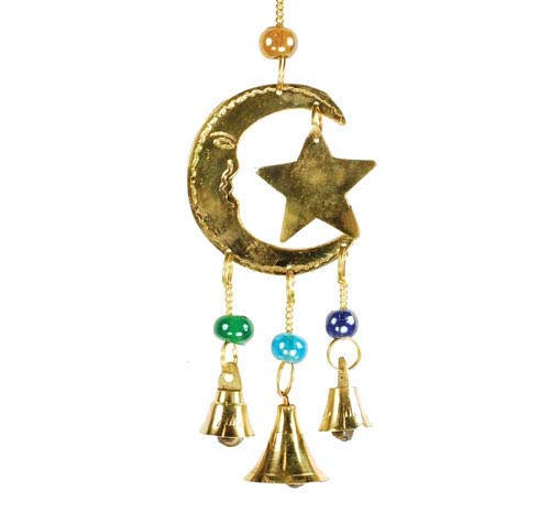 9" Three Bell Star and Moon Brass Wind Chime, for Wicca, Pagan, New Age, Goddess, Pentagram, Chakra, Spirituality 9" Three Bell Star and Moon Brass Wind Chime, for Wicca, Pagan, New Age, Goddess, Pentagram, Chakra, Spirituality