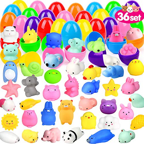 ORWINE 36Pcs Easter Eggs + 36Pcs Mochi Squishy Toy Easter Basket Stuffers Easter Egg Fillers Mini Squishies Party Favors for Kids Animal Squishy Easte