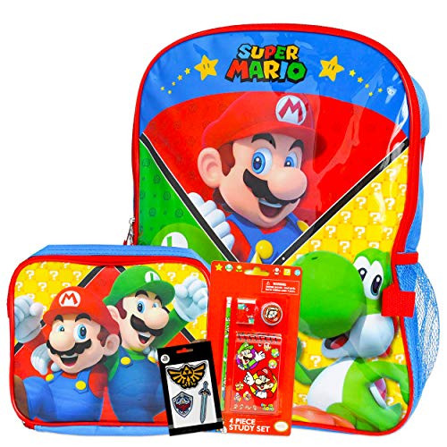 Super Mario Backpack and Lunch Box Set for Boys Girls Kids ~ Deluxe 16" Mario Backpack with Detachable Insulated Lunch Bag, Study Kit, and Patches (Ma