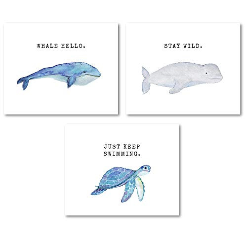 Thankful Greetings Ocean Life Wall Decor Fun Art Prints  Watercolor Prints with Sea Turtle, Whale, and Beluga - (Set of 3) - Unframed - 8x10s or 5x7s