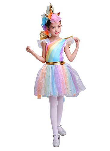 Girl's Rainbow Unicorn Costume with Wings & Headpiece, Medium (8-10)