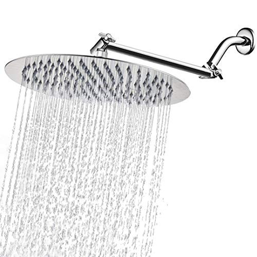 Rain Shower Head with 11'' Adjustable Arm, NearMoon High Pressure Stainless Steel Rainfall Showerhead, Ultra-Thin Design - Pressure Boosting (12-Inch
