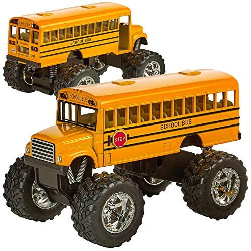 Bedwina Die Cast Yellow School Bus - 2 Pack Set Monster Truck School Bus, Pull Back Car Toys, Play Vehicles and Gifts for Toddlers, Kids That Makes fo