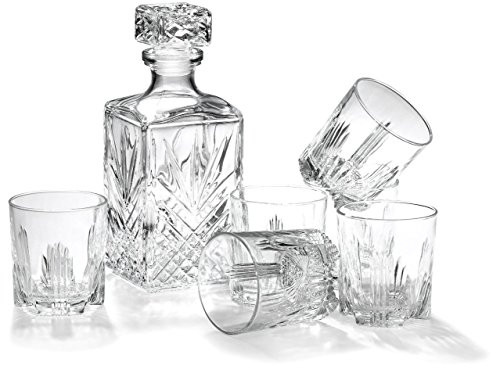 Bormioli Rocco Selecta Collection Whiskey Gift Set  Sophisticated Etched 33.75oz Decanter & 6 9.5oz Glass Tumblers With Starburst Detailing  For Whisk