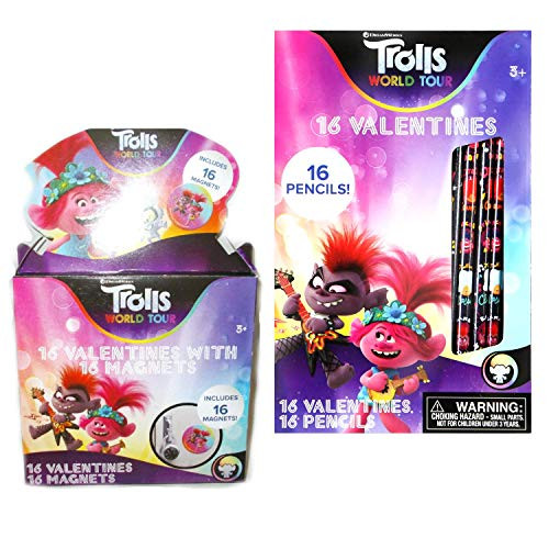 Trolls World Tour Valentines Day 32 Cards, 16 Magnets, 16 Pencils For Valentines Day Classroom Exchange Non Candy For Girls and Boys