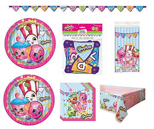 Shopkins Birthday Party Supplies Decoration Bundle for 16 includes Dessert Cake Plates, Beverage Cake Napkins, Table Cover, Happy Birthday Banner