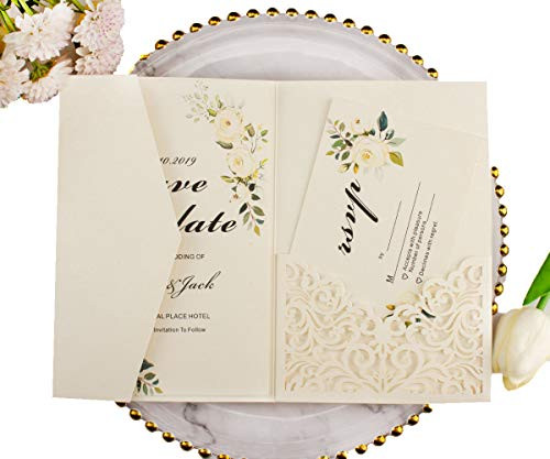 25pcs 250GSM Pearl Ivory Wedding Invitations Cards Laser Cut Pocket Covers only, no envelope,no insert 5x7