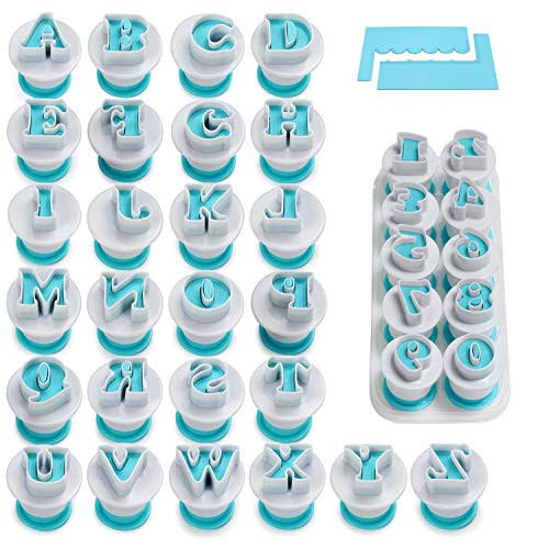 FANGSUN Alphabet & Numbers Fondant Cake Mold, Cookie Stamp Impress, Embosser Cutter, Upper Case Numbers Shape DIY Cookie Biscuit with 2 Cake Scraper