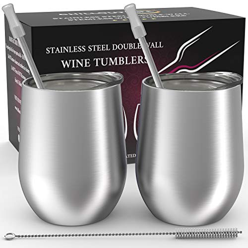 Stainless Steel Stemless Wine Tumbler 12 oz - Double Wall Vacuum Insulated Wine Tumbler with Lids and Straws for Coffee, Wine, Cocktails (Stainless St