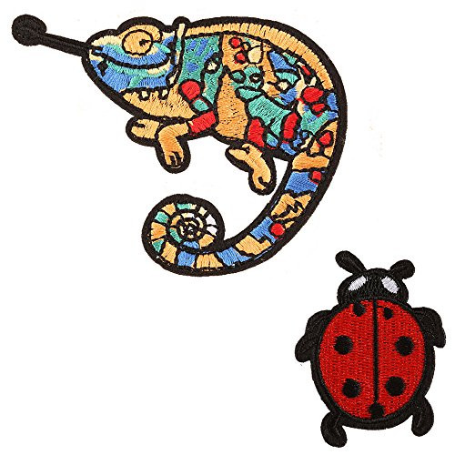 Fashion Chameleon Lizard Embroidered Patch DIY Embroidered Sew Iron on Patch, Embroidered Appliques, Repair and Decorate Clothing, Bags With Free Ladybug Applique Patch. (Lizard + Ladybug)
